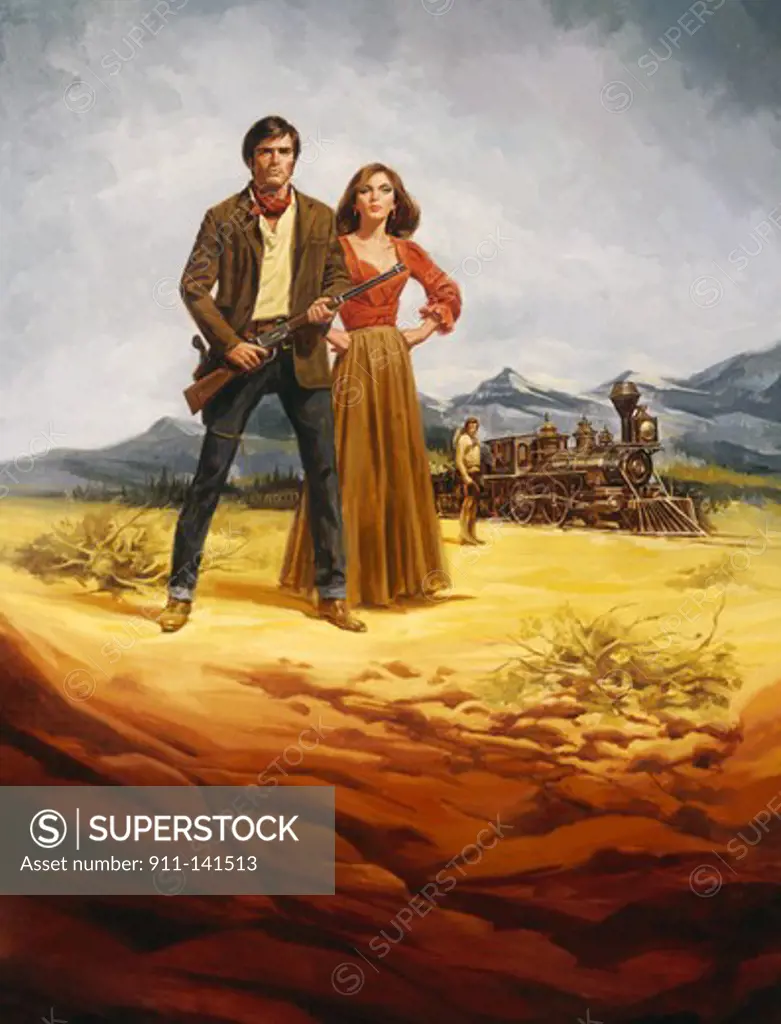 Cowboy with his wife holding a shotgun