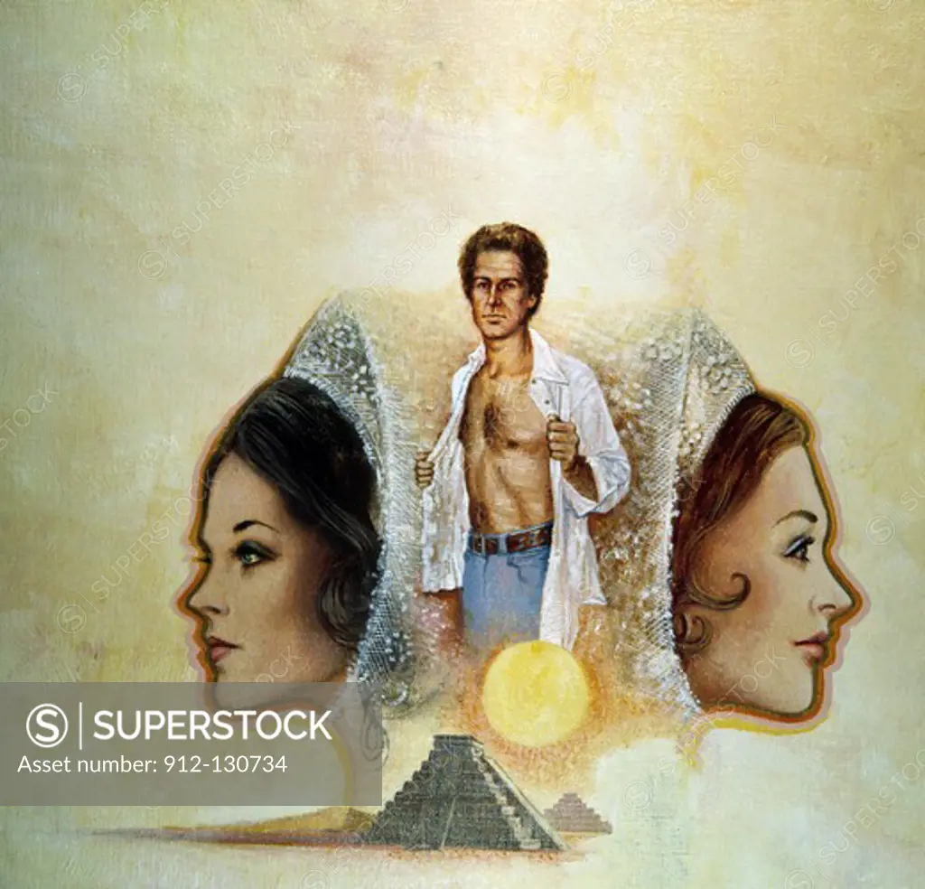 Painting of Aztec pyramid, barechested man and two women