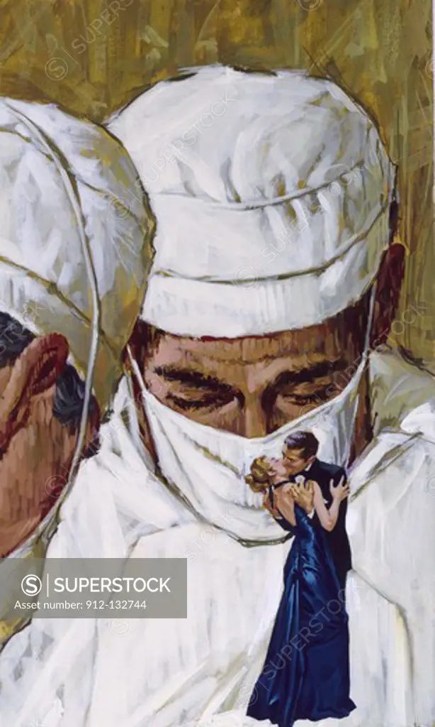 Couple wearing evening wear kissing, two surgeons performing operation in the background, illustration