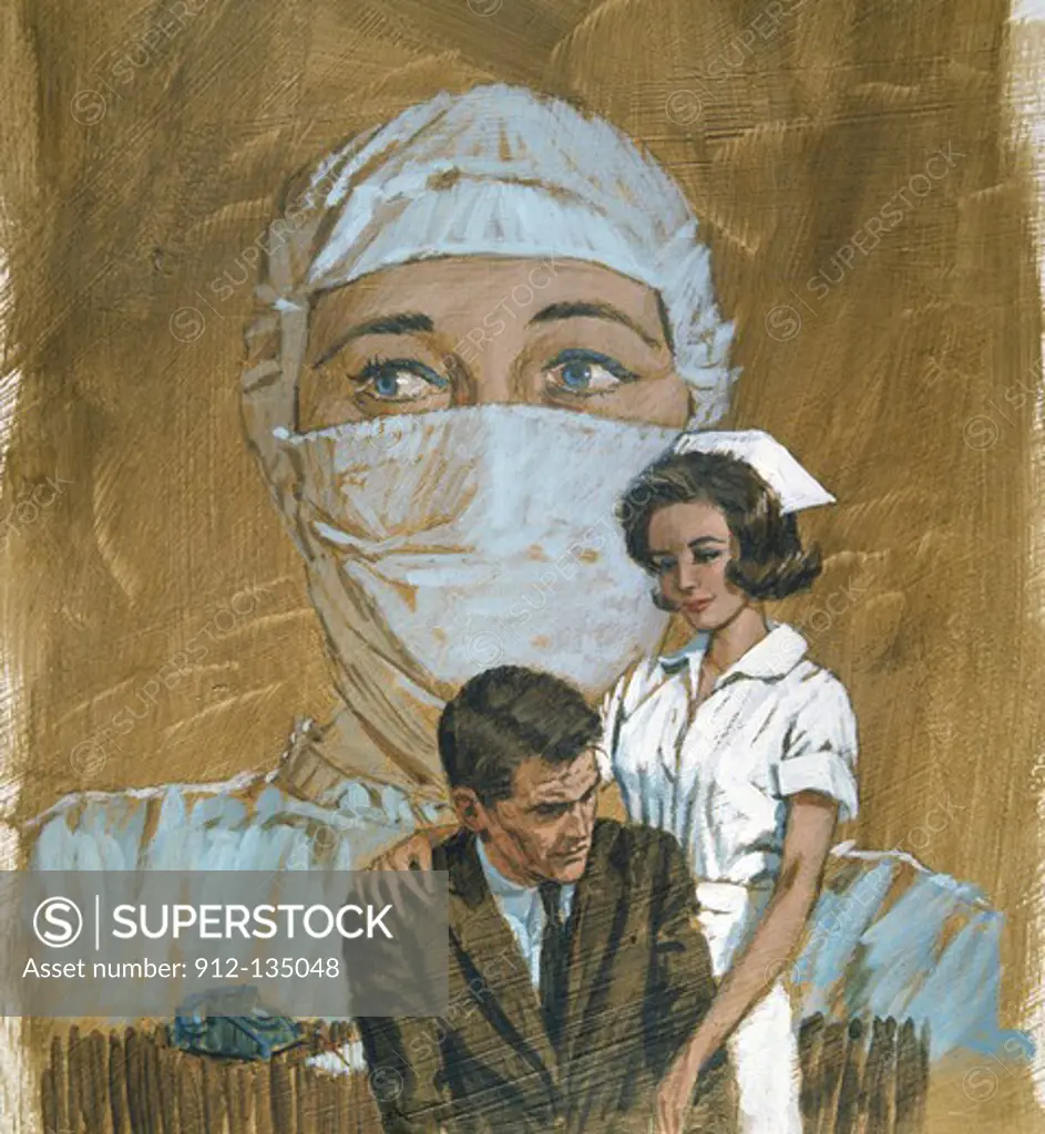 Nurse embracing man, illustration