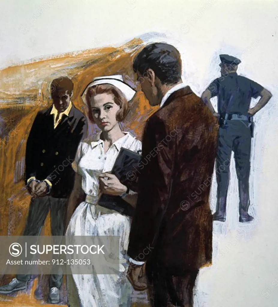 Man talking with female nurse, policeman in the background, illustration