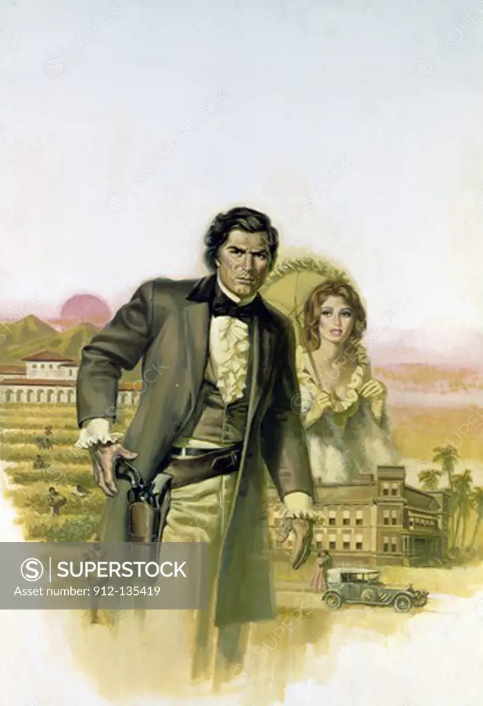 Painting of man reaching for gun, woman behind