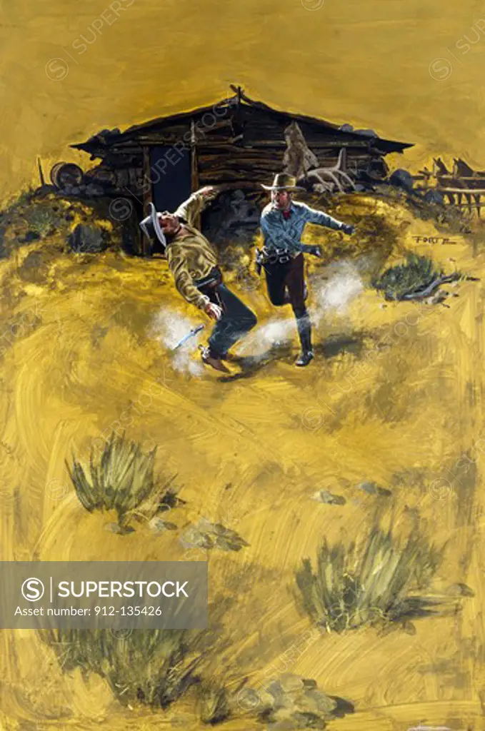 Painting of cowboys fighting