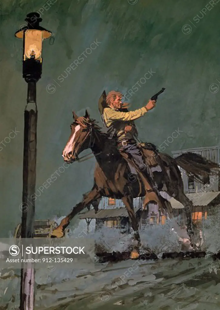 Cowboy riding on horse and shooting, illustration