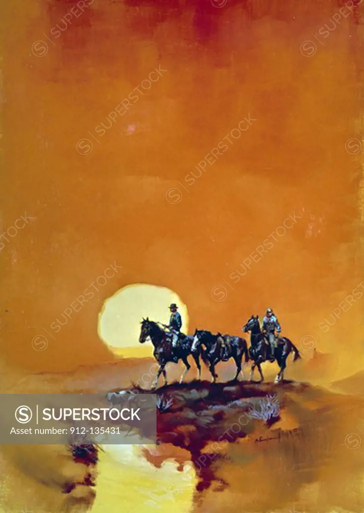 Painting of cowboys at sunset,