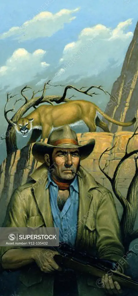 Painting of puma stalking cowboy