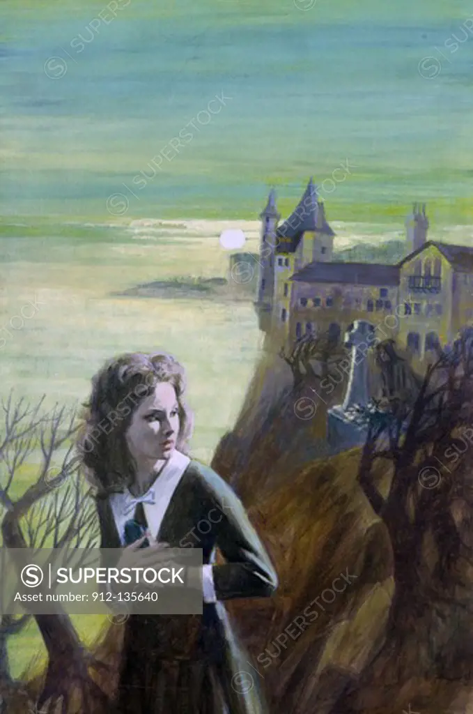 Painting of woman in graveyard