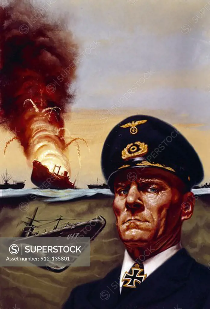 Portrait of nazi officer, exploding warship in the background, illustration
