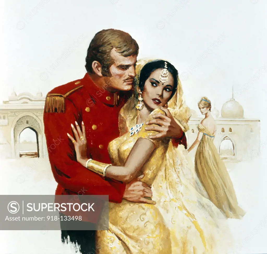 Army officer embracing woman in easter traditional clothing, illustration