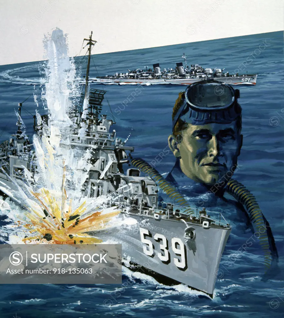 Exploding warship on sea, portrait of diver, illustration