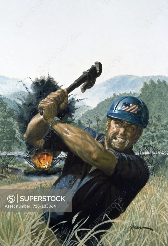 Man attacking with adjustable wrench, exploding bridge in the background, illustration