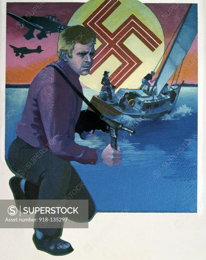 Man with machine gun, boat and nazi swastika in the background, illustration