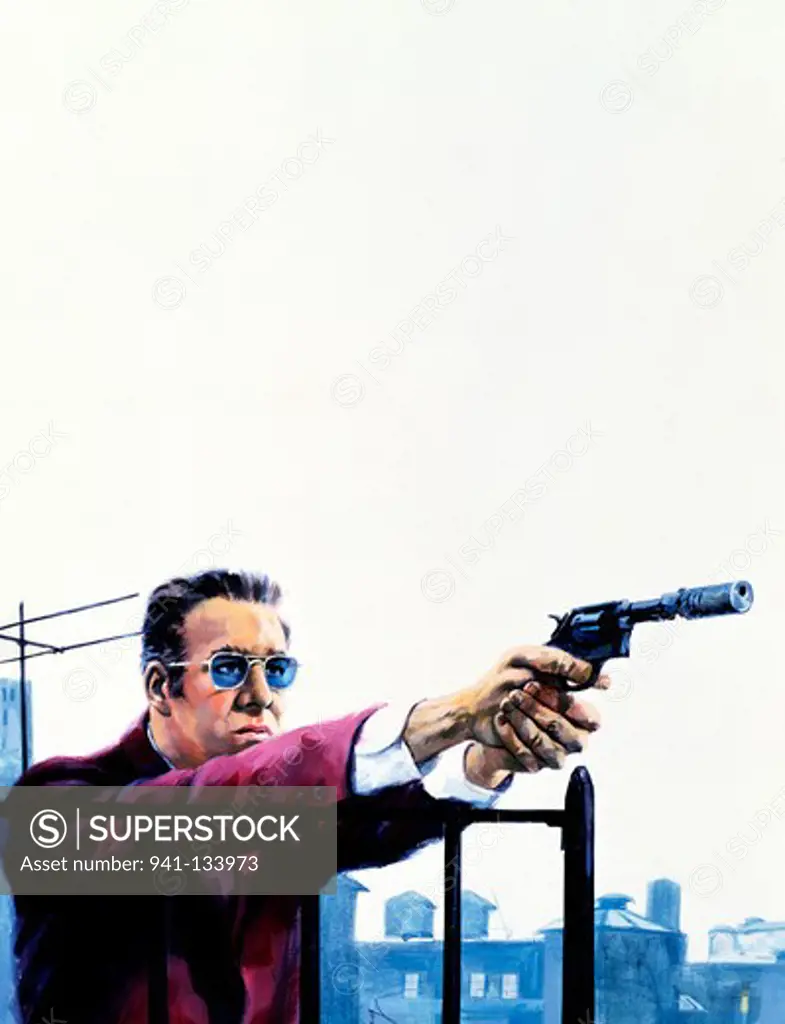 Man aiming with gun with silencer, illustration