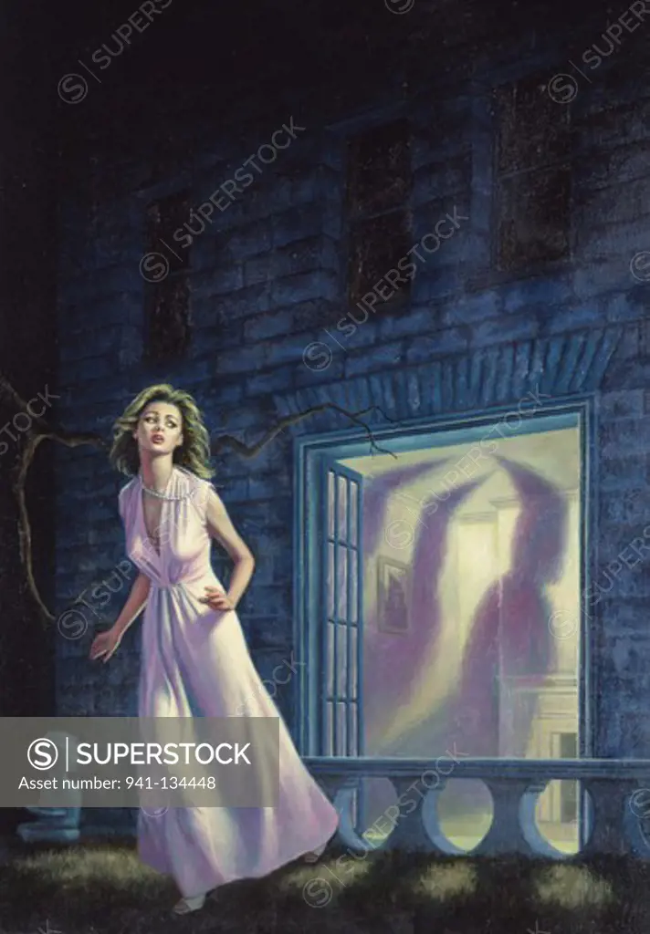 Woman coming outside from a house