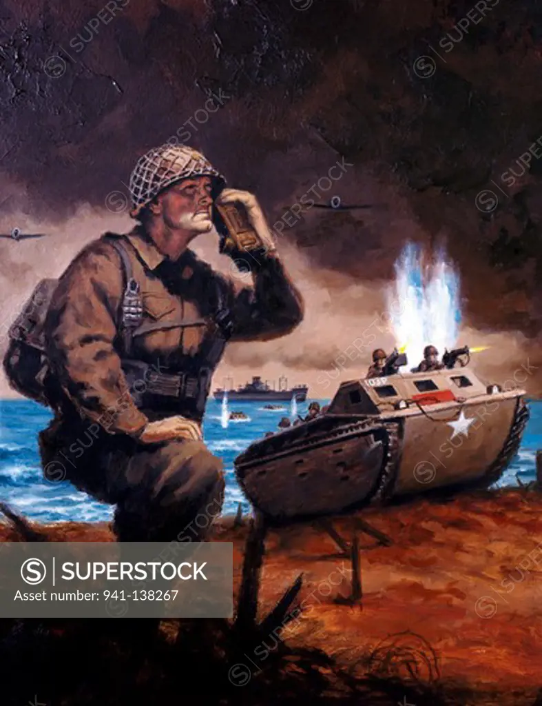 Soldier holding walkie-talkie, tank with shooting soldiers in the background, illustration