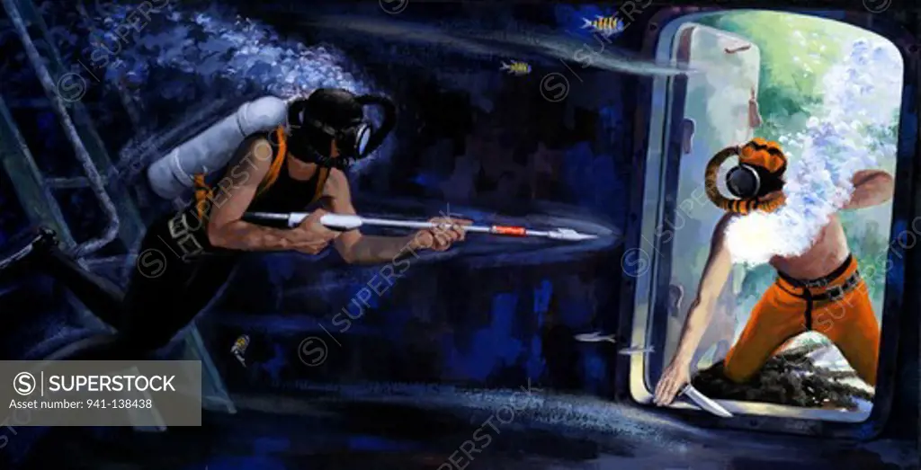 Two divers fighting underwater, illustration