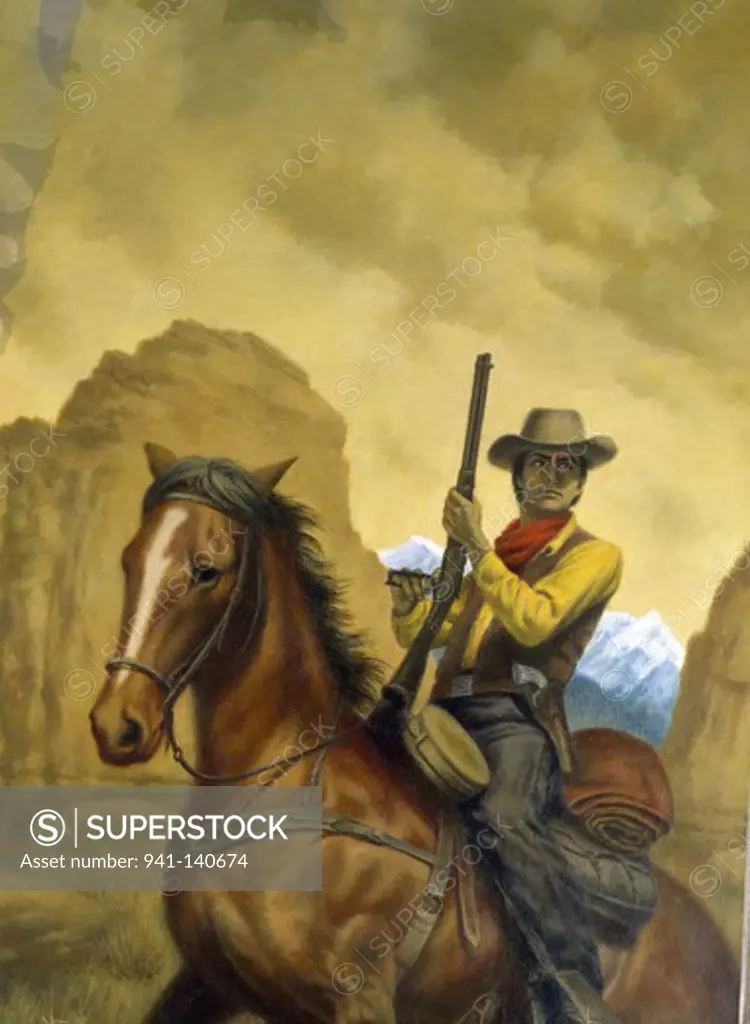 Cowboy riding a horse and holding a shotgun