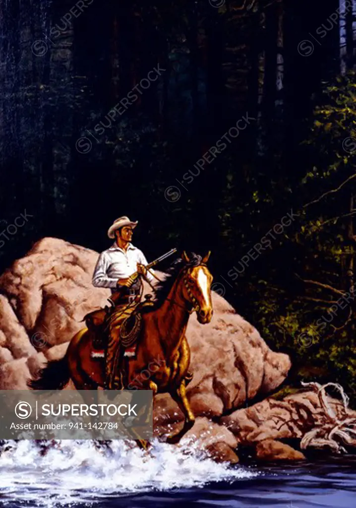 Cowboy riding horse, oil painting