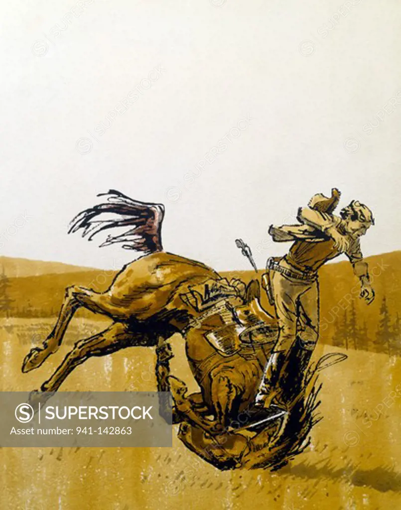 Cowboy falling off horse, oil painting