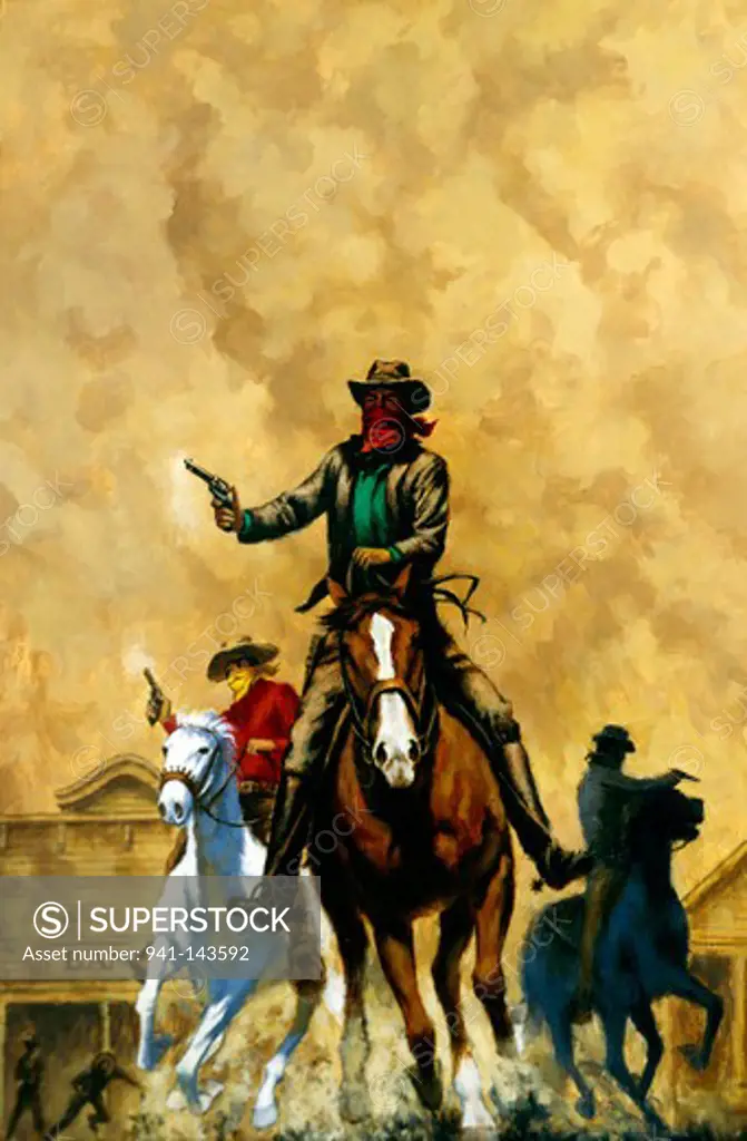 Men riding horses and shooting guns, oil painting