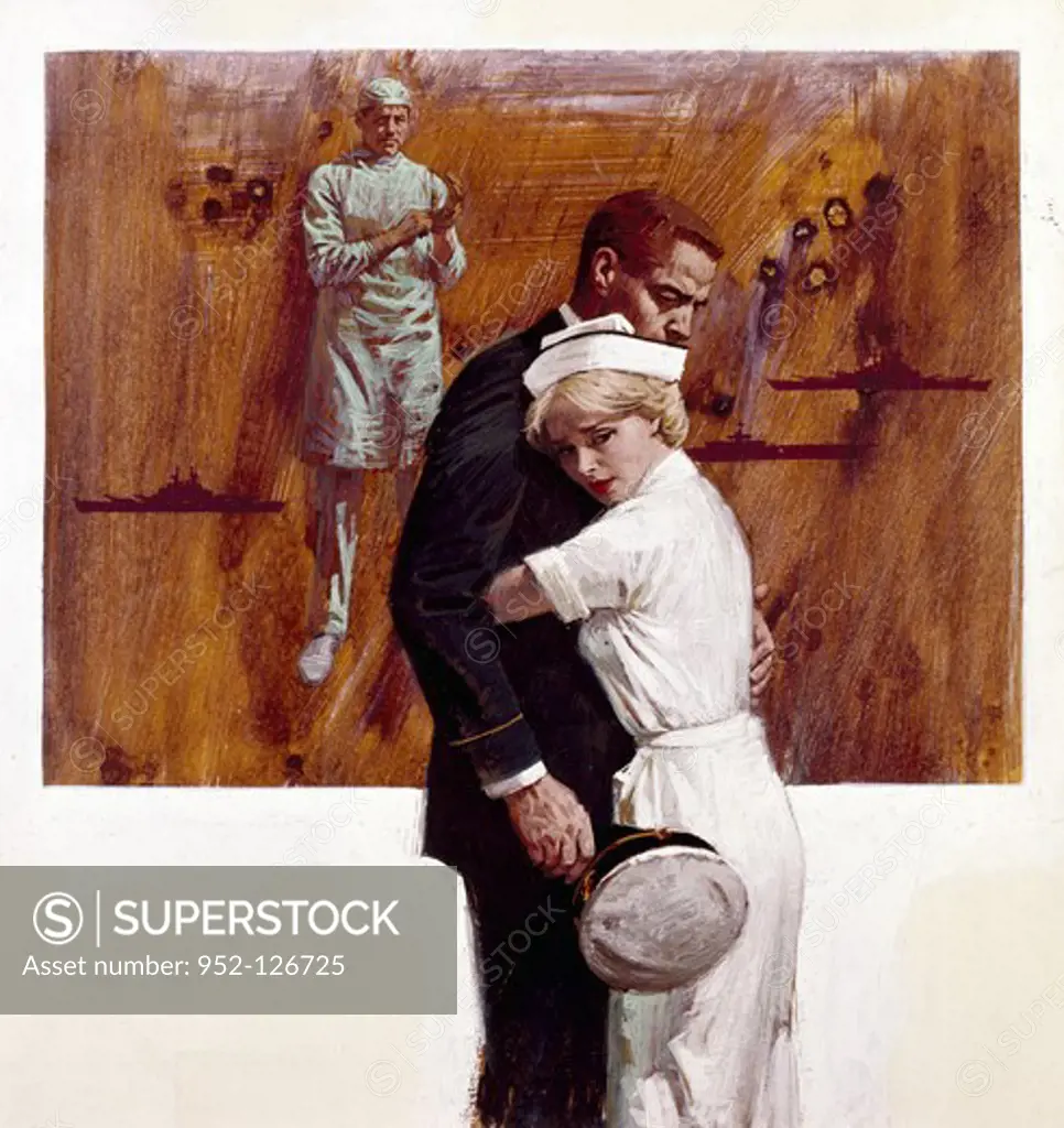 Painting of man and nurse embracing