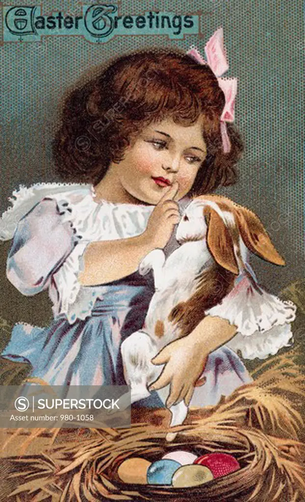 Easter Greetings: Young Girl With Rabbit Nostalgia Cards