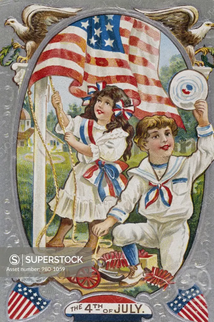 Fourth of July, color lithograph, Nostalgia Cards