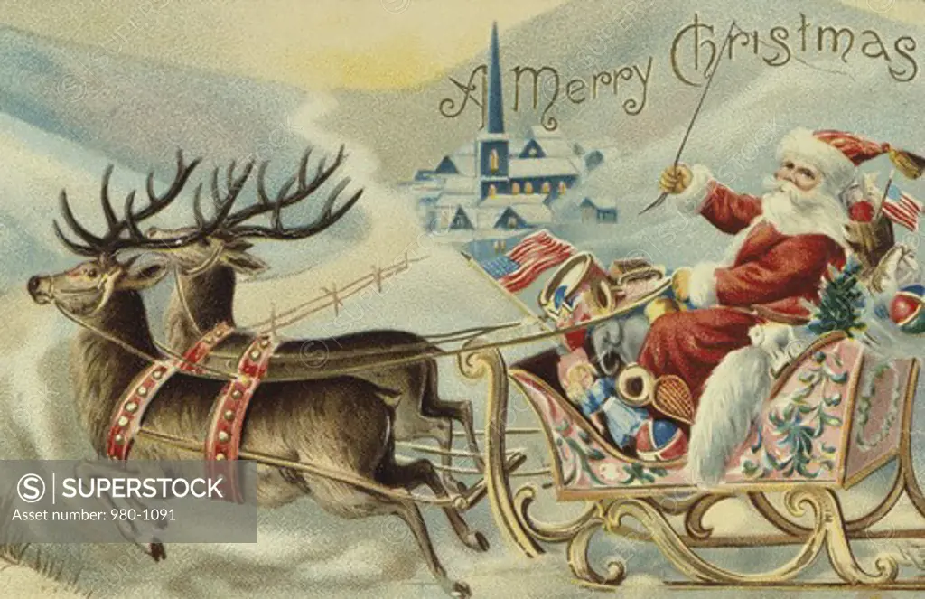 Santa in his Sleigh Nostalgia Cards  Illustration