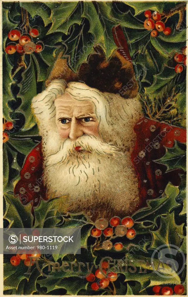 Merry Christmas: Santa Surrounded By Holly Nostagia Cards 