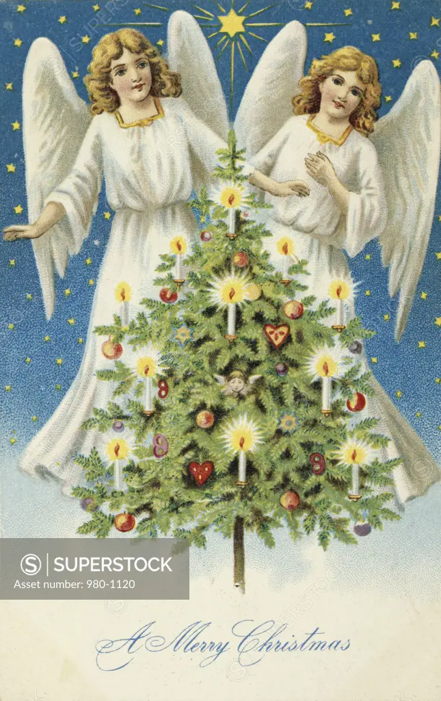 Merry Christmas: Two Angels With Christmas Tree Nostalgia cards 