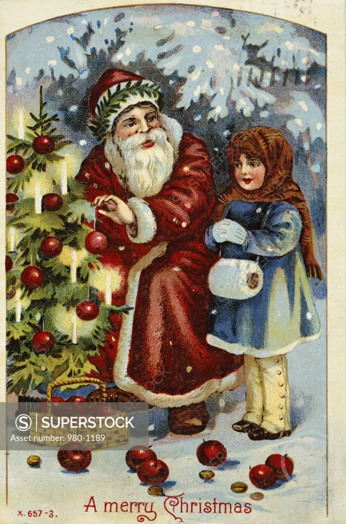 Merry Christmas: Santa & Girl Decorating Tree Nostalgia Cards 