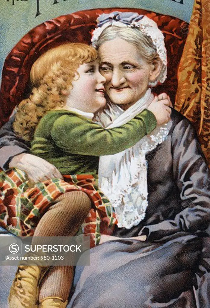 Child and Grandmother Nostalgia Cards Color Lithograph 