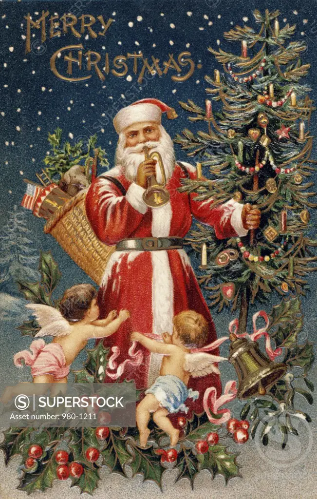 Merry Christmas: Santa with Cherubs & Trumpet Nostalgia Cards 