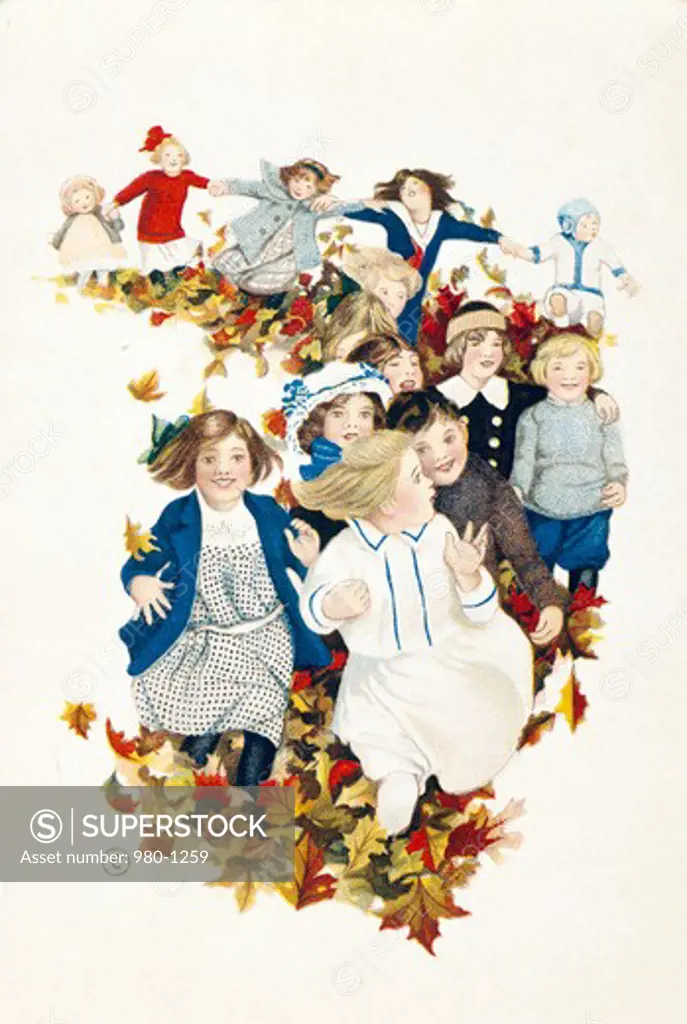 Children Running - Fall, Nostalgia Cards, 1911