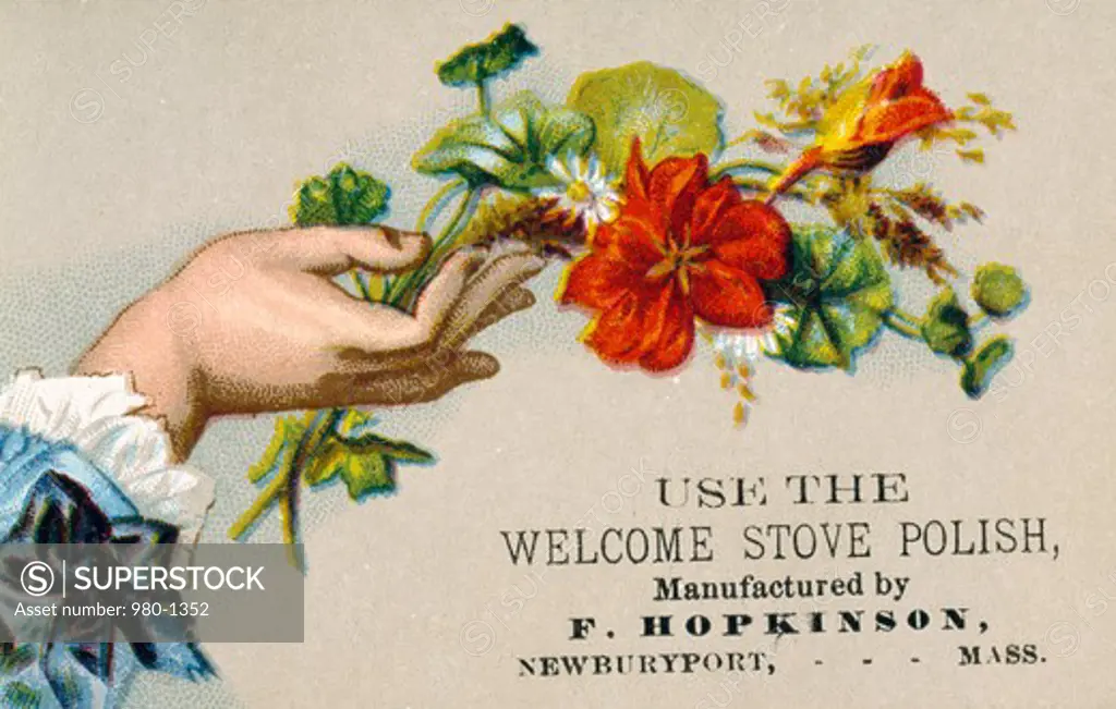 Hand Holding Flowers-Welcome Stove Polish, Nostalgia Cards
