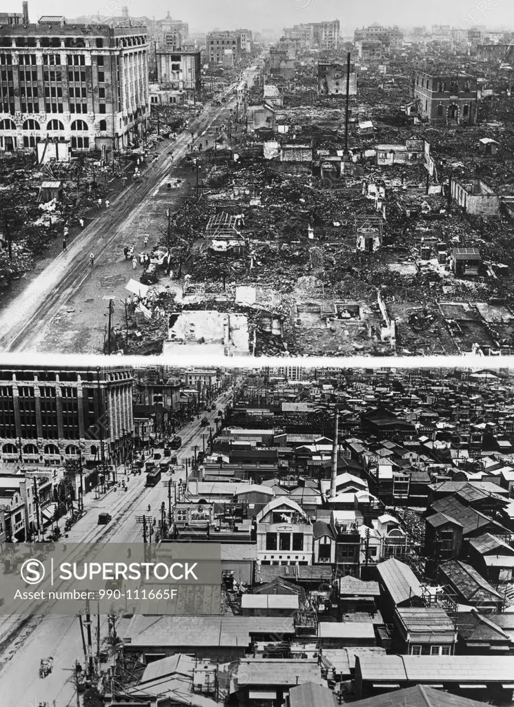 High angle view of Nihonbashi Street in Tokyo after the earthquake of September 1, 1923 and four years later on September 1, 1927, Japan