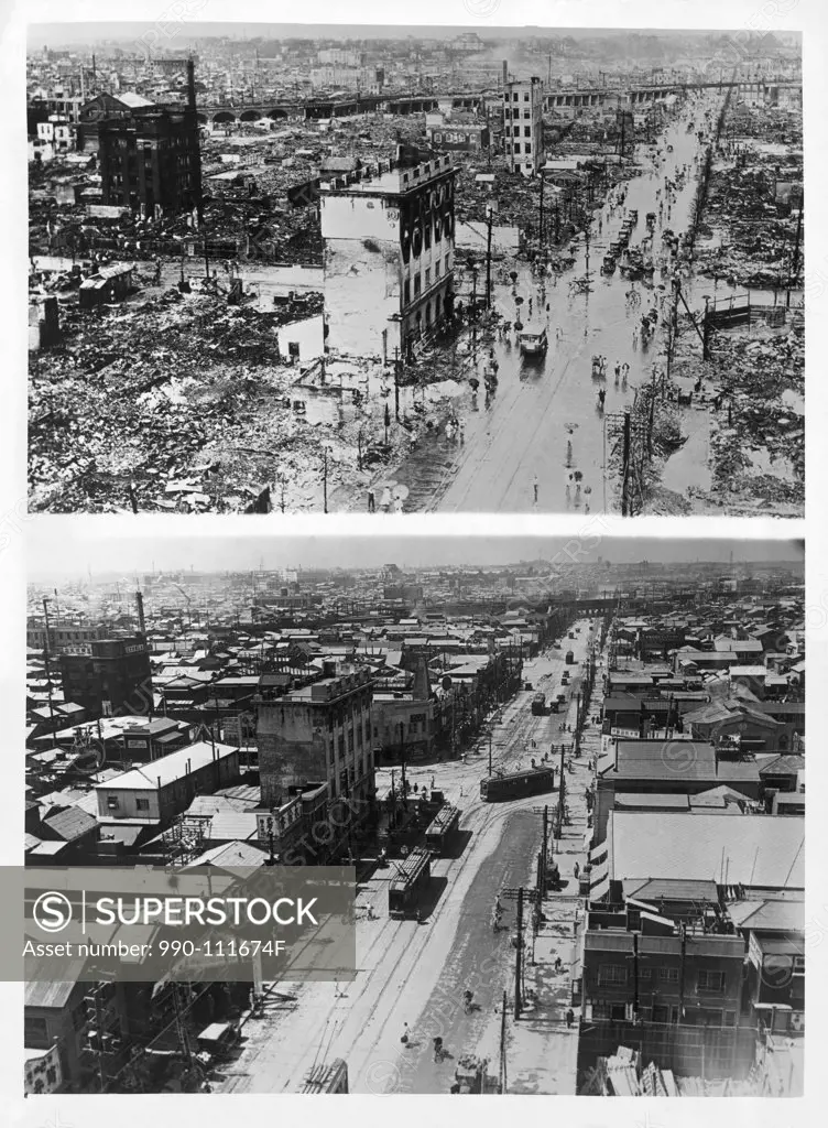 High angle view of Hongkucho Street in Tokyo the after earthquake of September 1, 1923 and four years later on September 1, 1927, Japan