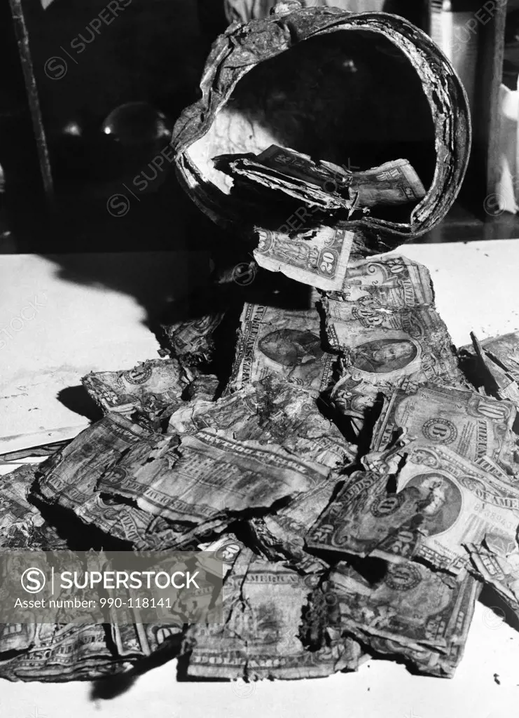 Damaged dollar bills at the Currency Redemption Center, US Treasury Department