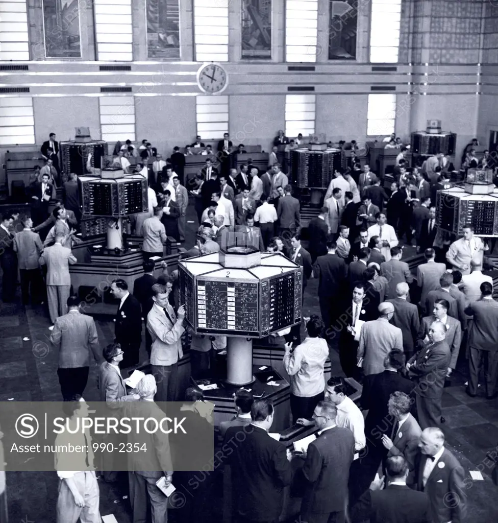 High angle view of a group of people in a stock market, New York Stock Exchange, New York City, New York State, USA