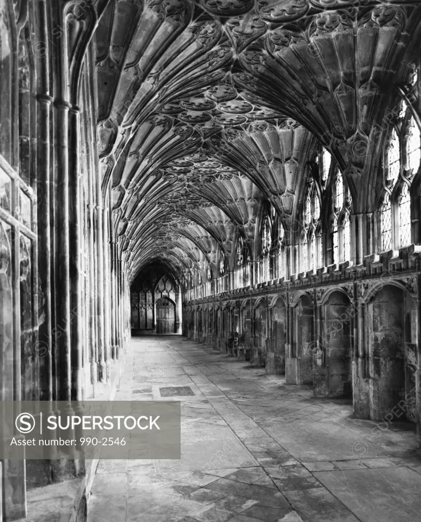 Corridor of a cathedral, Gloucester Cathedral, Gloucester, England