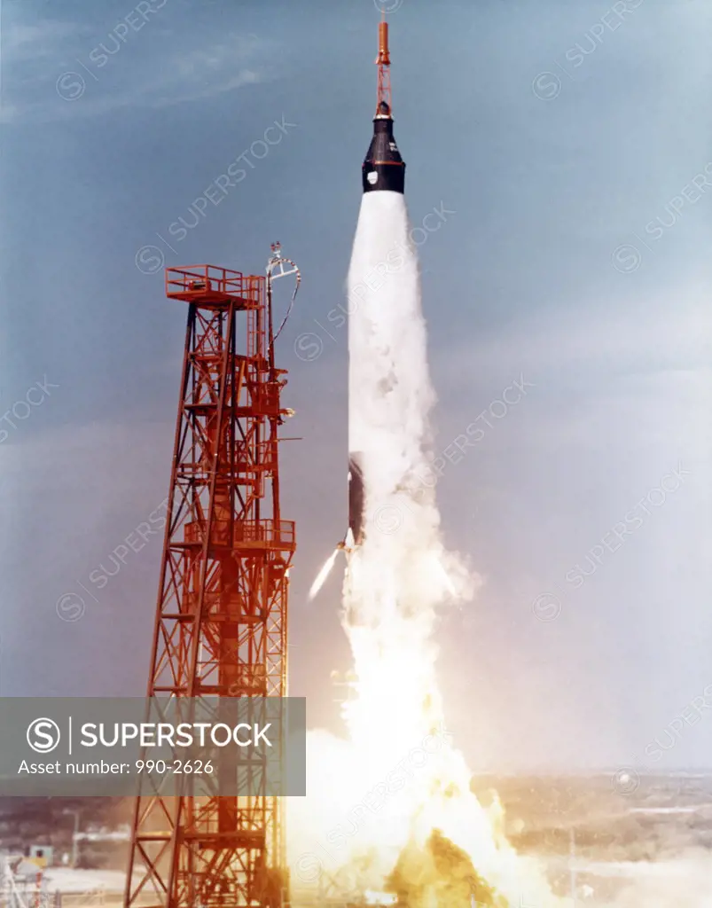USA, Florida, Cape Canaveral, low angle view of a rocket taking off from a launch pad, Mercury-Atlas 5, November 29, 1961