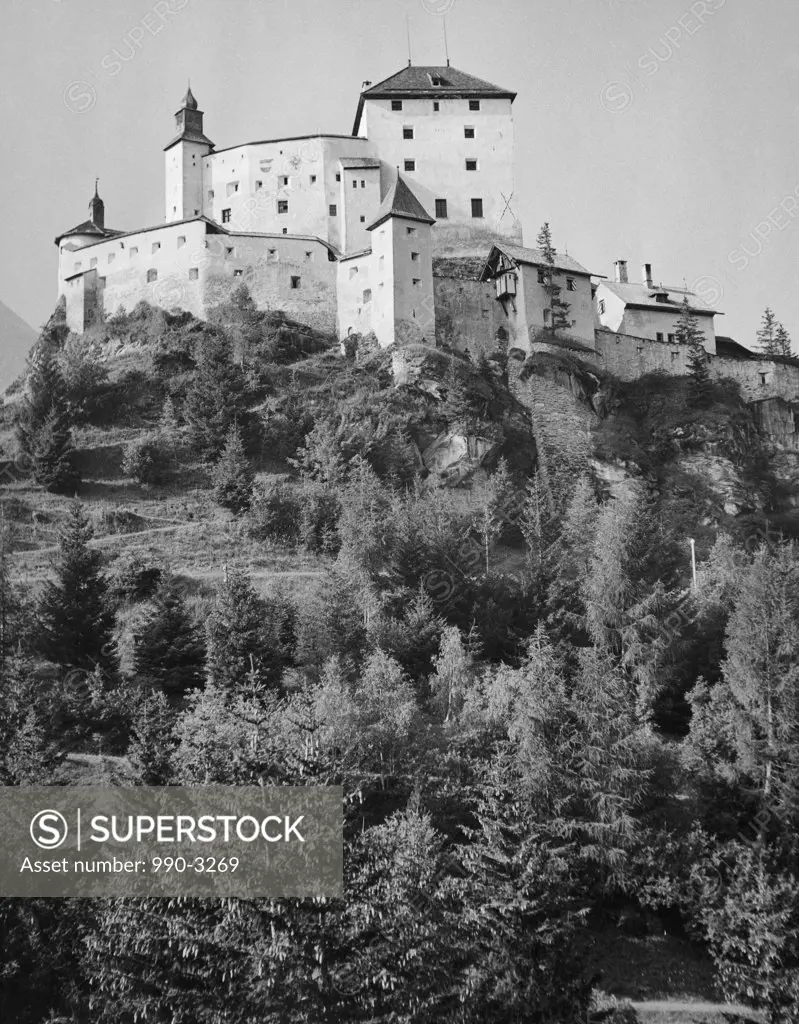 Low angle view of a castle on a hill, Tarasp Castle, Switzerland