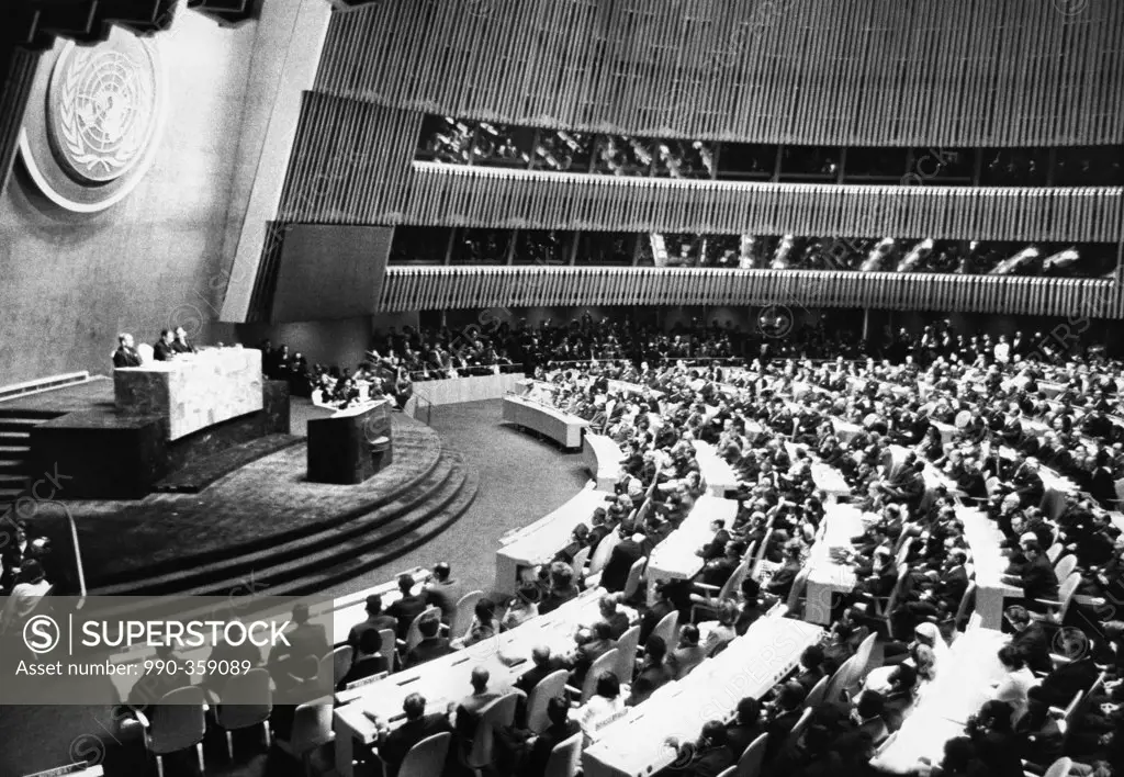 U Thant, Secretary-General of the United Nations addresses the UN General Assembly, December 1964