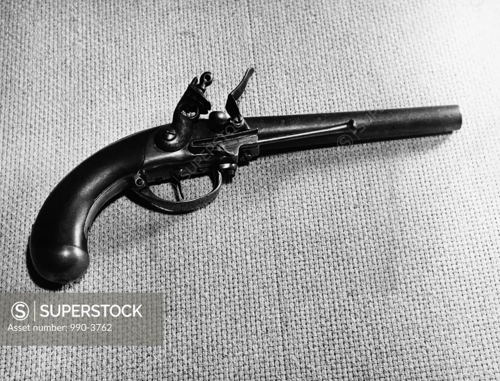 High angle view of a US Flintlock Pistol, North & Cheney .69 caliber, 1st Pistol made under contract to US government