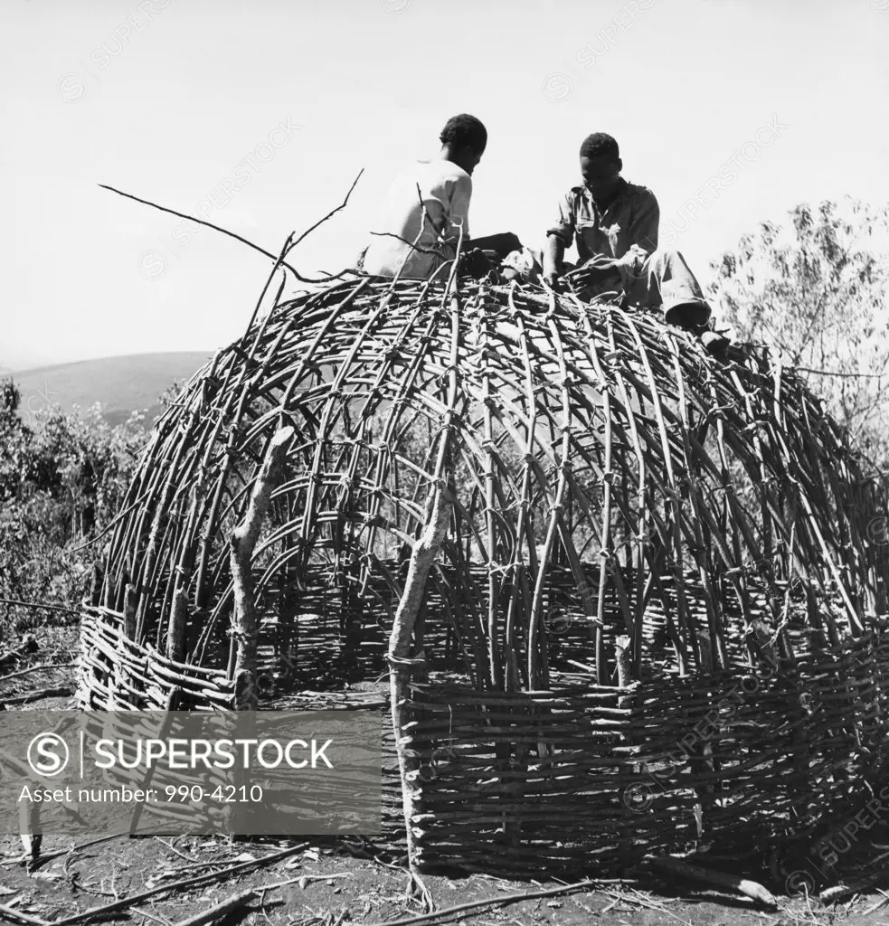 Zulu men making a hut, South Africa