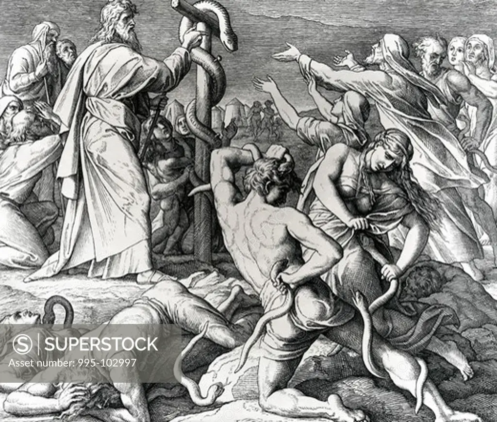 Moses Heals Afflicted Israelites with Brazen Serpent by Julius Schnorr von Carolsfeld, illustration, (1794-1872)
