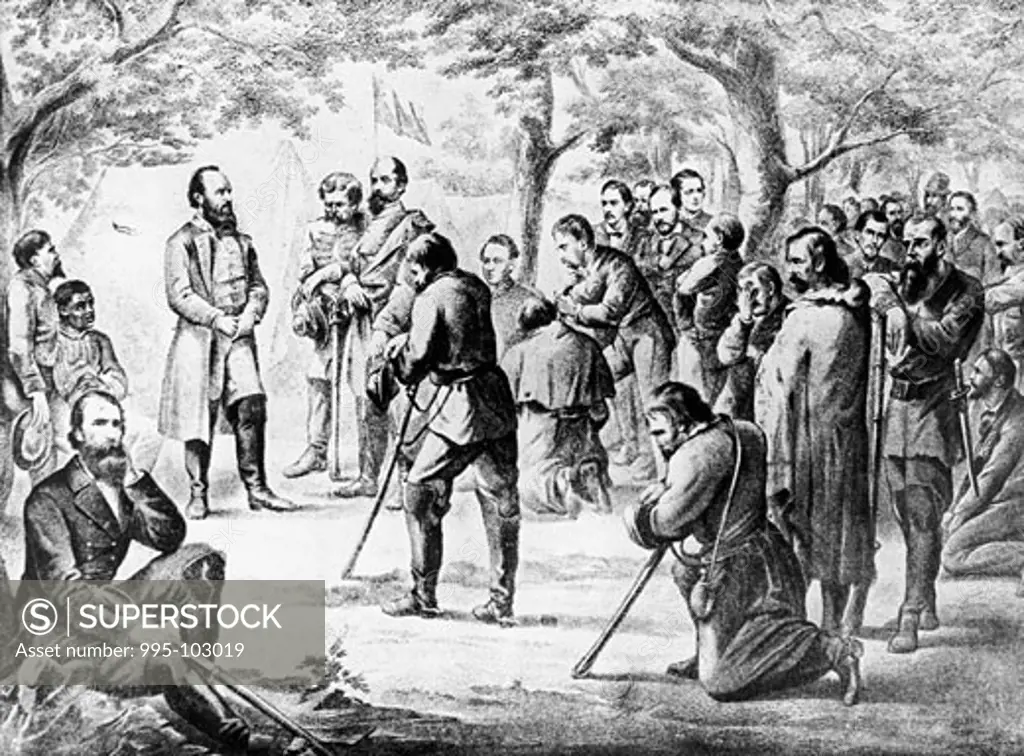 Stonewall Jackson Leading Civil War Soldiers in a Prayer Before Battle Artist Unknown 