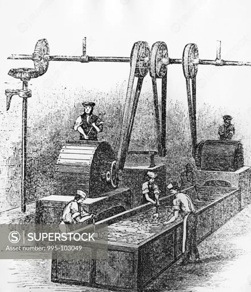 Rubber Manufacture in the 1850's, Boiling & Teasing of the Gutta-Percha by unknown artist, print