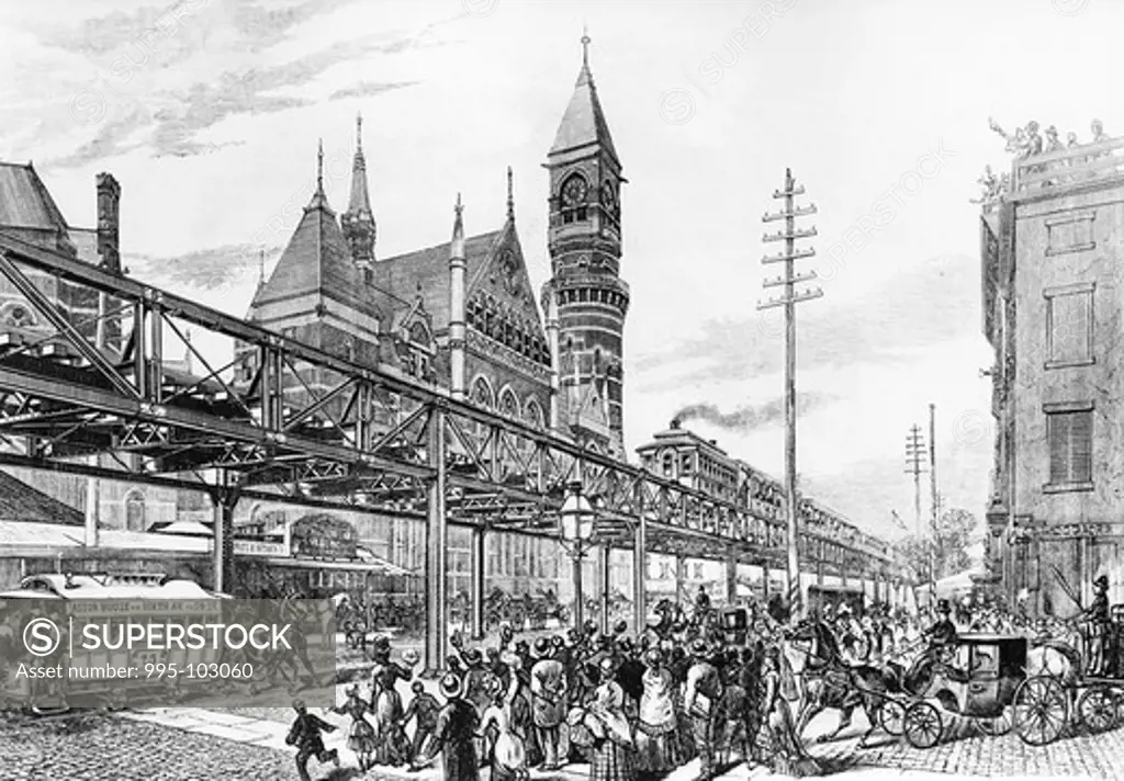 First Run of the Sixth Avenue Elevated Train in 1878 by unknown artist, print