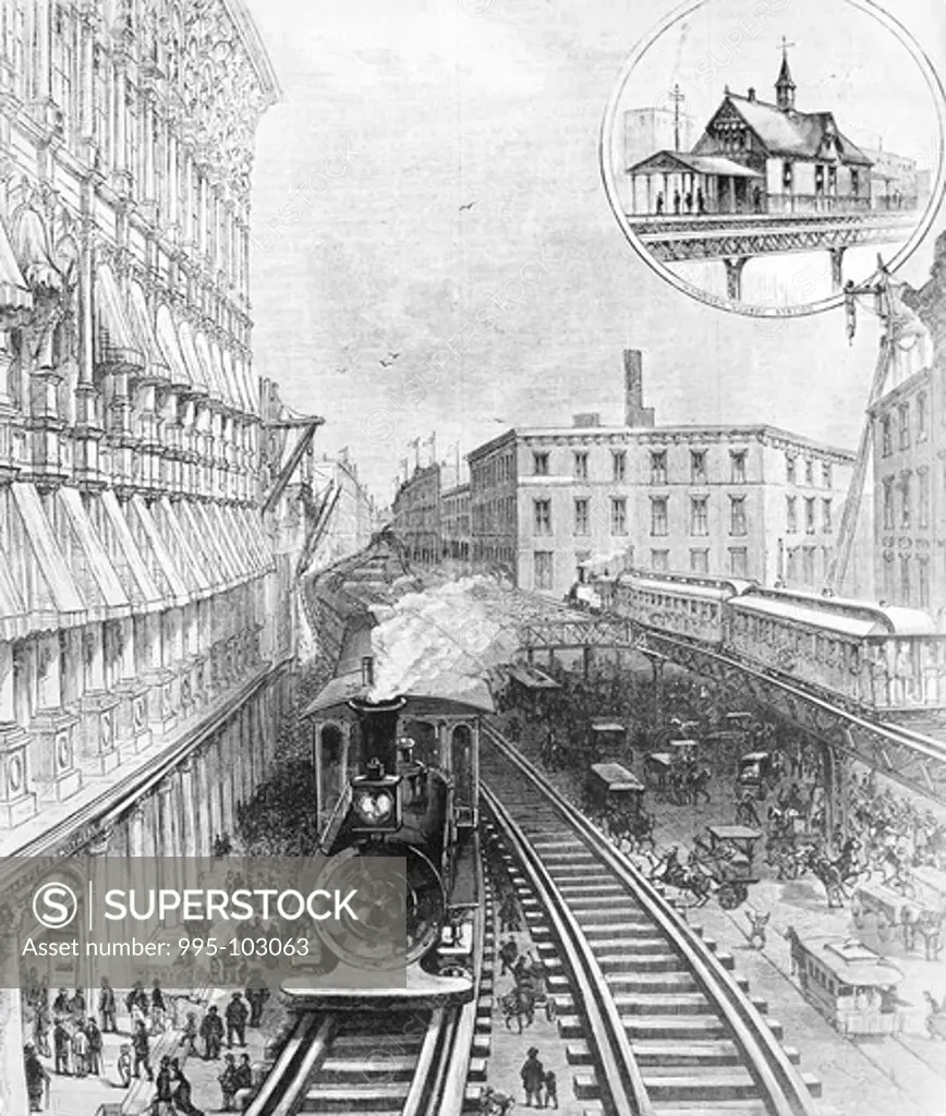 The First Steam-Driven L Trains Passing over Franklin Square by unknown artist, print, 1878